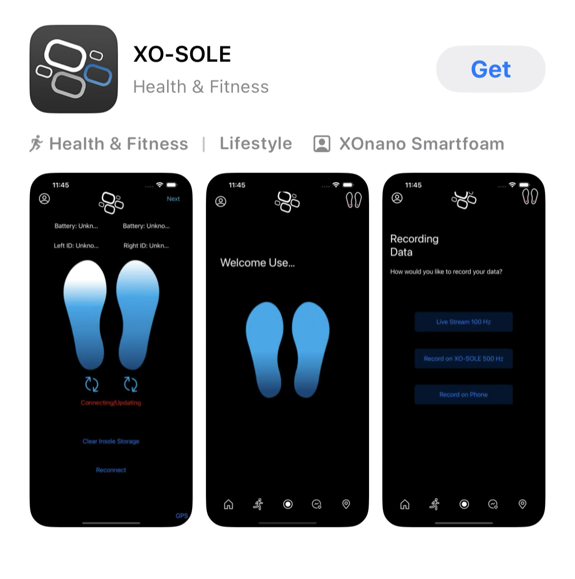 A screenshot of the user-interface of the XO-SOLE iOS app.