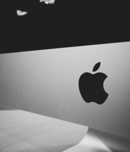 A zoomed-in picture of a Mac desktop computer.