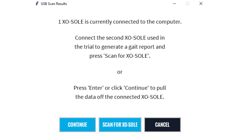 XO-SOLE Connection Screenshot of the page prompting the user to connect the second insole for data collection.